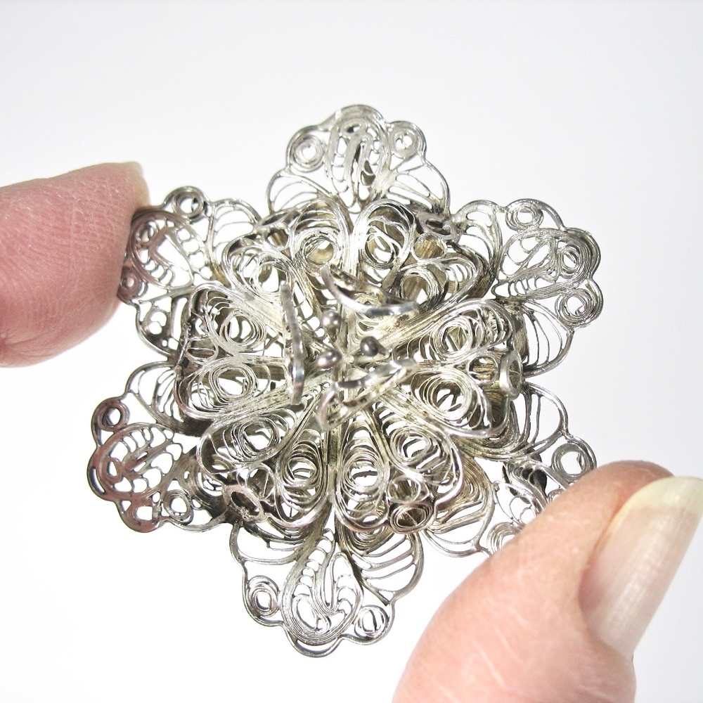 Antique Sterling Filigree Brooch, Mexico, Floral